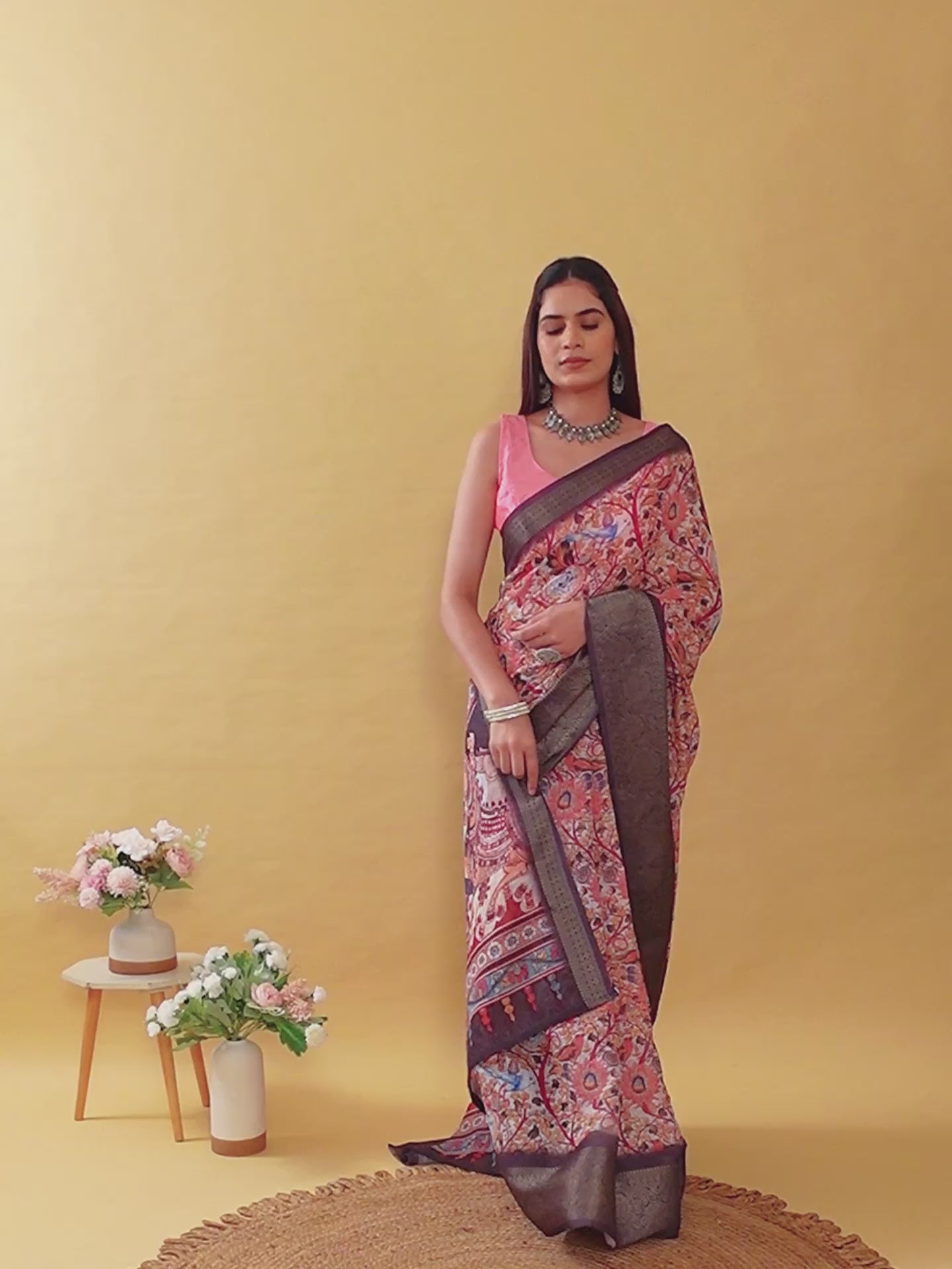 Artistic Pink Linen Cotton Saree | Multi-Print Kalamkari & Fresco Design